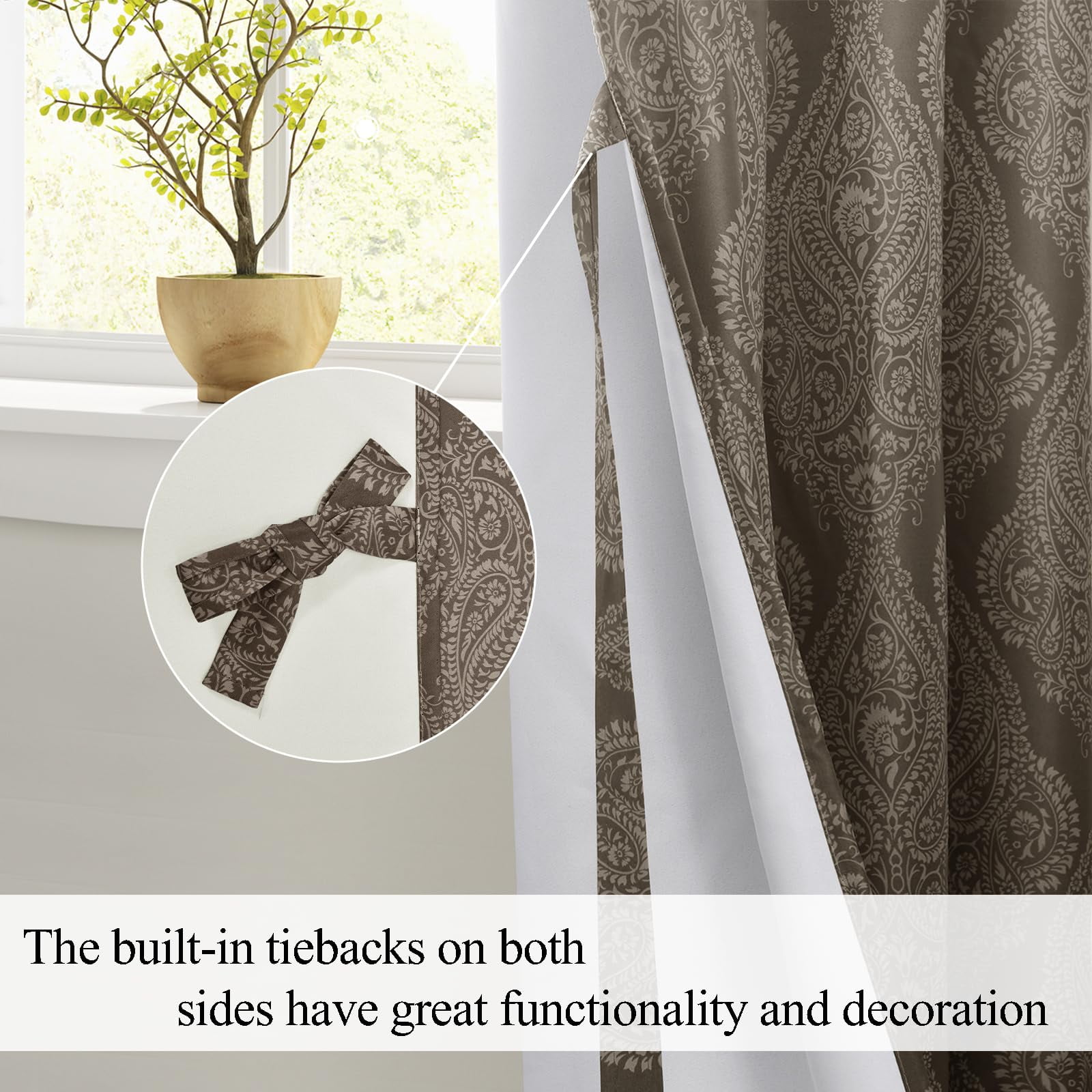 DWCN Ombre Blackout Curtains–Damask Patterned Thermal Insulated Noise Reducing Grommet Curtains for Bedroom Living Room, 52 x 63 Inches, Set of 2 Panels with Tiebacks, Brown