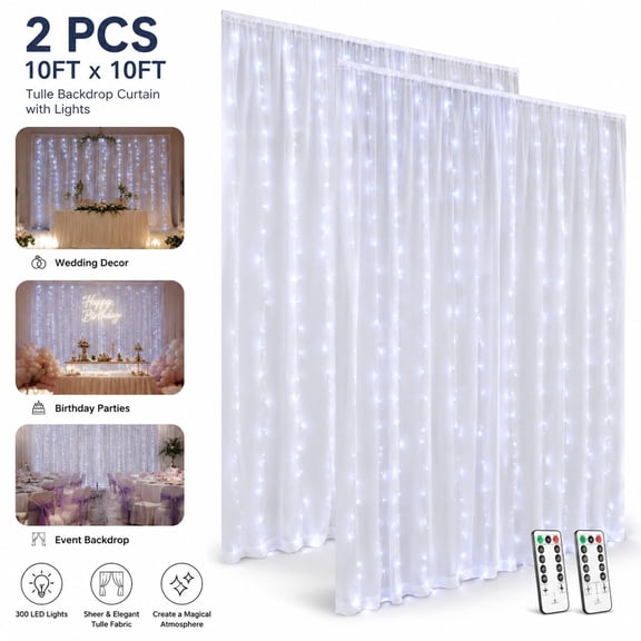 Tulle Backdrop Curtain with Lights String 10FT x 10FT White Sheer Backdrop Curtains for Wedding Birthday Party Photo Backdrop (2 Panels 2pc