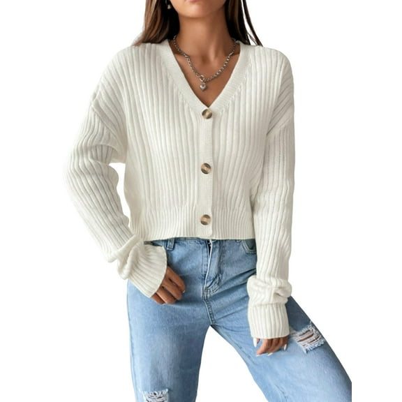 Women'S Long Sleeve Button Front V-Neck Soft Knit Cardigan Sweaters White M