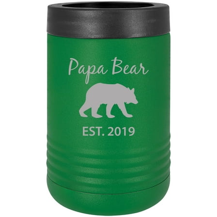 Papa Bear Est. 2019 Stainless Steel Engraved Insulated Beer Beverage Holder Can Cooler, Green