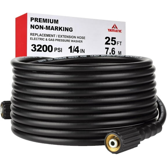 YAMATIC Pressure Washer Hose 25FT 1/4" Kink Resistant M22 Brass Fitting, 3200 PSI Power Washer Hose Replacement for Ryobi, Troy Bilt, Greenworks, Generac, Craftsman, Ect.