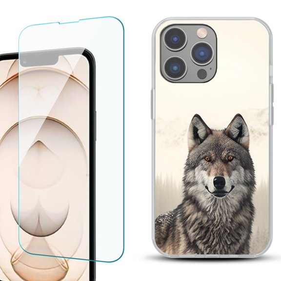 Slim-Fit TPU Phone Case for iPhone 14 Pro, with Tempered Glass Screen Protector, by OneToughShield ® - Wolf Snow