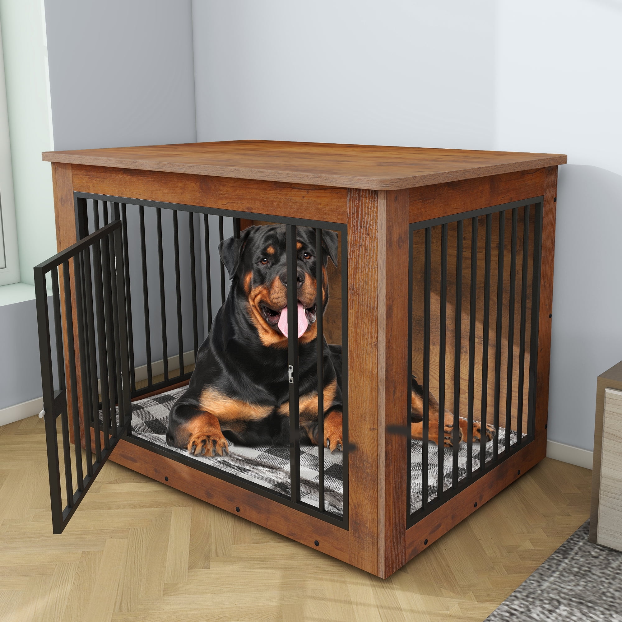 Dextrus Large Dog Crate Furniture, 2-in-1 Wooden Indoor Dogs Kennel Furniture with Waterproof Top&Safety Corners -38.2"L x 24.0"W x 26.8"H,Rustic Brown