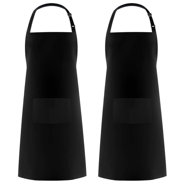 Syntus Paquete de 2 delantales de cocina 100% algodón ajustable con 2 bolsillos, delantales de cocina para mujeres, hombres, chef, color negro