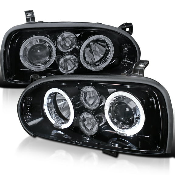 Spec-D Tuning Halo Glossy Black Housing Smoke Lens Projector Headlights Lamps Compatible with 1993-1998 Volkswagen Golf, 1995-1998 Volkswagen Cabrio, Left Right Pair Headlamps Assembly
