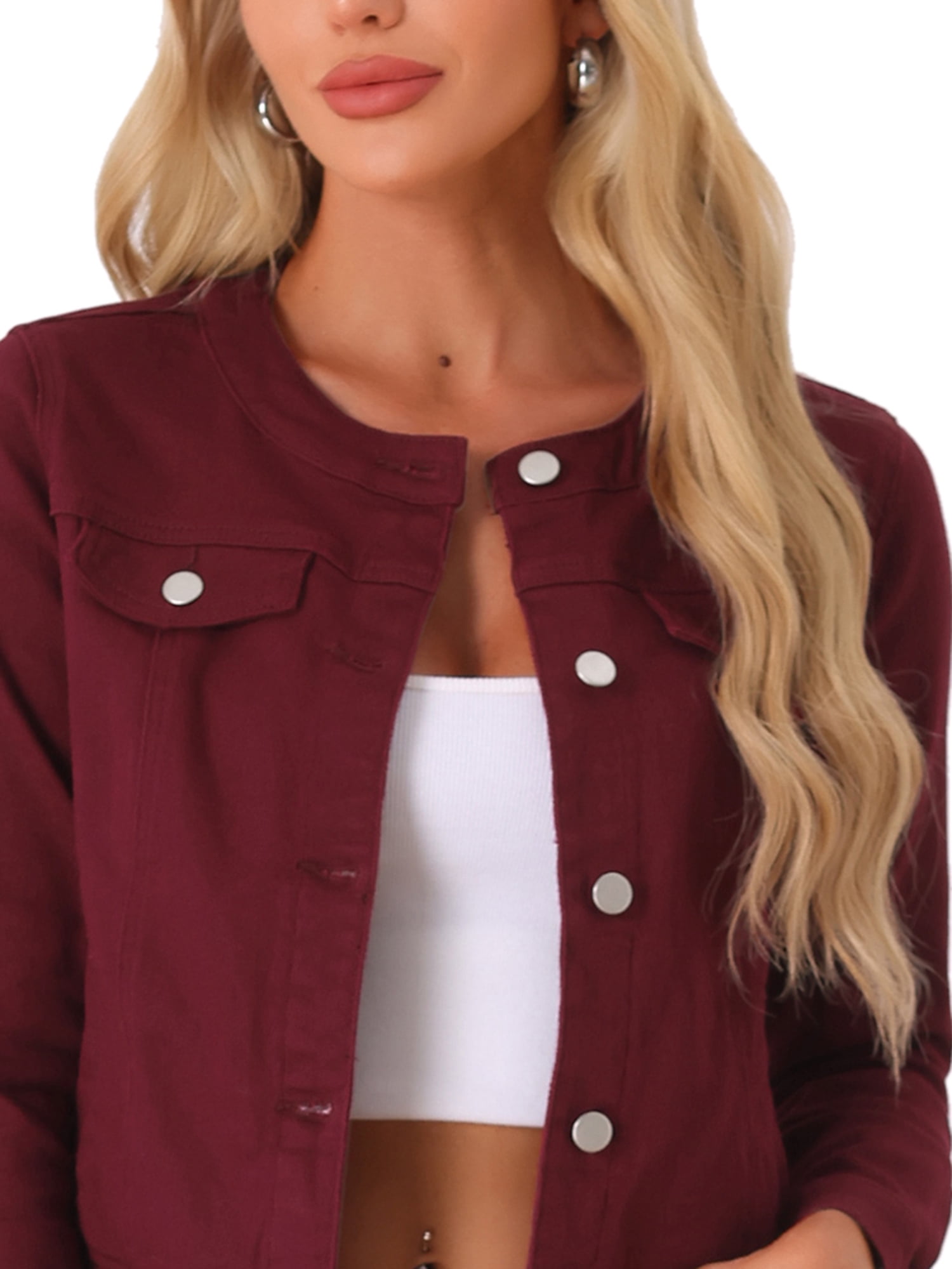 DARING DIVA Women's Button Down Collarless Cropped Denim Jacket L Dark Red