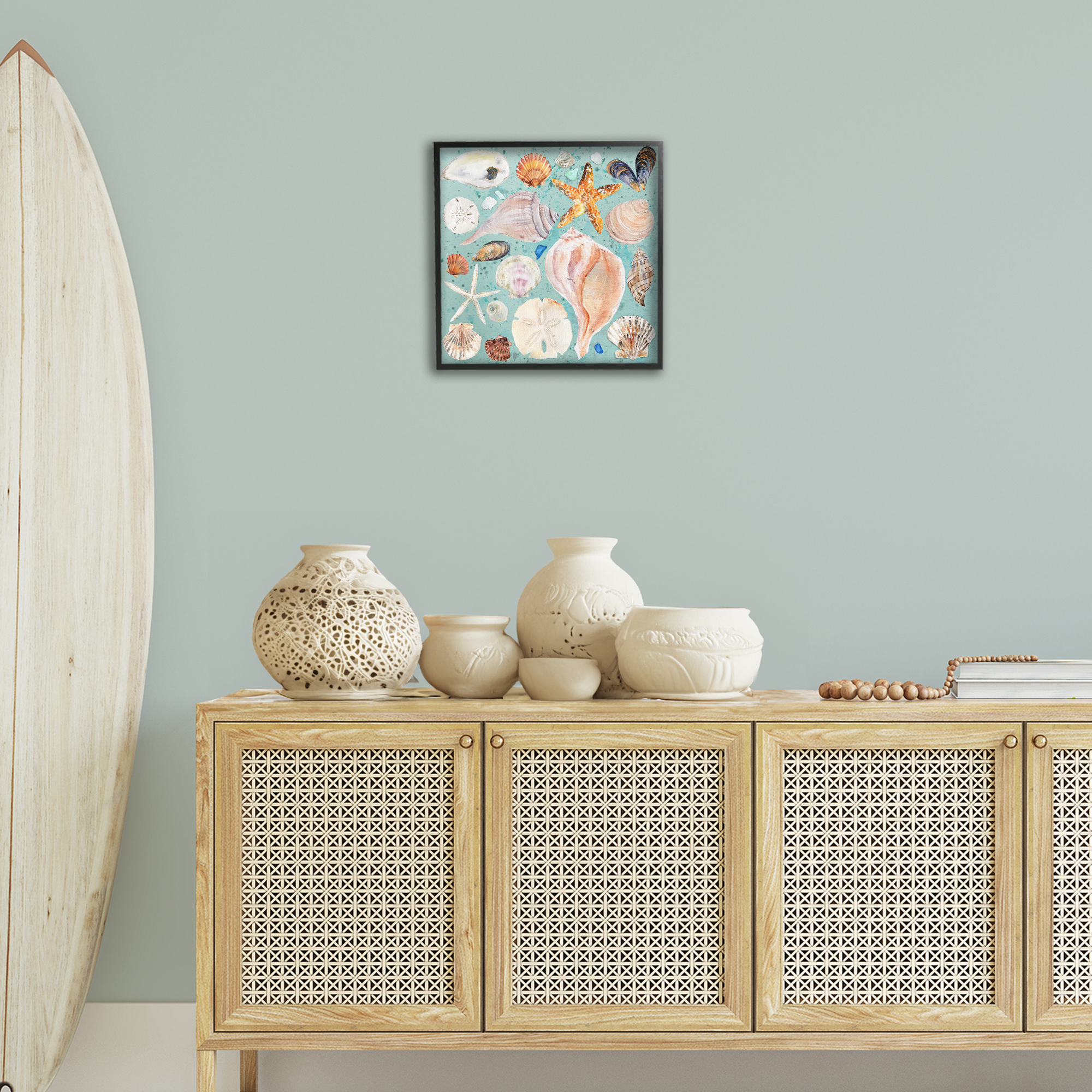 Stupell Industries Seashell Puzzle Pattern Coastal Painting Black Framed Art Print Wall Art, 17 x 17