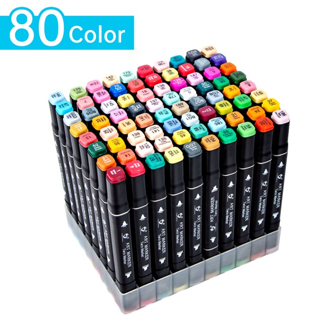 Graflsoa Dual-Tip Alcohol Markers Set with 80 vibrant colors displayed in a transparent stand. Each marker features a black body with color-coded caps for easy identification. The set includes dual tips: a 1mm fine tip for detailed work and a 6mm chisel tip for broader strokes. Ideal for anime art, colorful designs, and smooth blending. Comes with a portable black cloth bag for storage and transport.