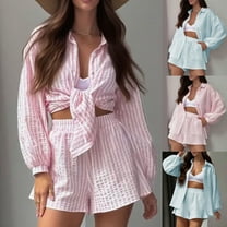 Sentmoon Linen Sets for Women 2 Piece Fashion Tops for Women Trendy and Board Shorts Long Sleeve Lapel Collar Fall Outfits Loose Striped Print Button up Womens Blouses with Pockets for Vacation