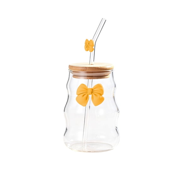 YingYouFu Glass Water Bottle with Straw Lid, 400ml Clear Beverage Cup with Fruit Pattern, Reusable Cold Drink Tumbler for Home Office Outdoor