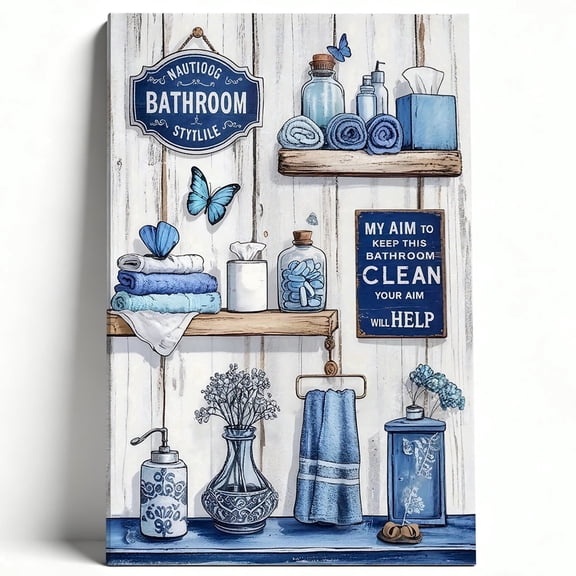 Blue & White Bathroom Theme Canvas Wall Art, Shabby Chic Spa Decor with Butterflies, Framed Rustic Shelf Illustration with "Keep It Clean" Quote, Modern Farmhouse Restroom Sign 8*12inch(20*30cm)