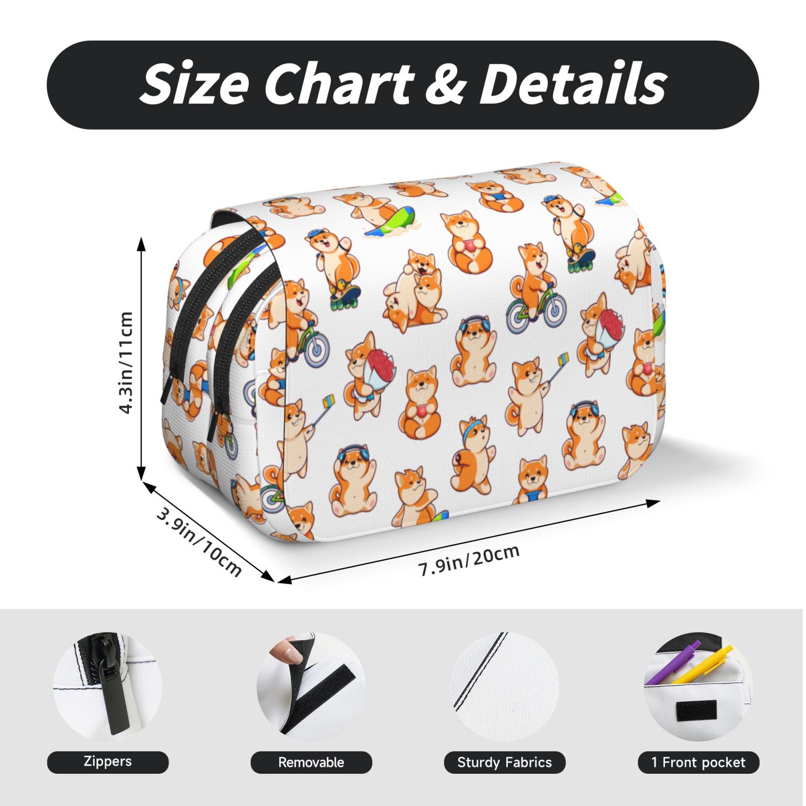 Rateoe Kawaii Shiba Dog Pattern Double Clamshell Pen Case, Storage Organizer with Two Zipper Compartments– Holds Up to 50 Pencils & Pens