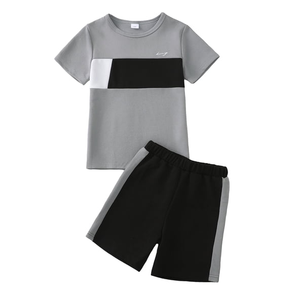 KIMI BEAR 11 Years Big Boys Summer Clothes Set 12 Years Tween Youth Kids Outfits Short Sleeves Color Block T-shirt Top Shorts Set 2pcs Clothing Gray