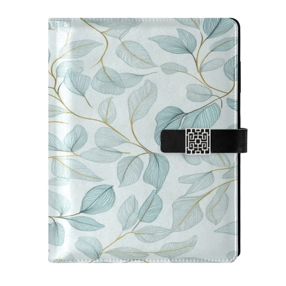 9.2x6.7 inch Leather Notebook 100 Sheets, Multi-Pocket Design & Pen Loop Pastel Mint Green Leaves Refillable Journal Organizer