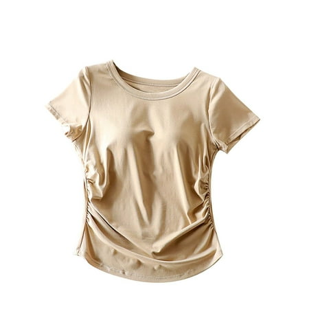 Hduncf Women s Short Sleeve Tshirt 2 in 1 Built-in Bra Ladies Padded Shirt Top Casual Summer Tops Khaki S