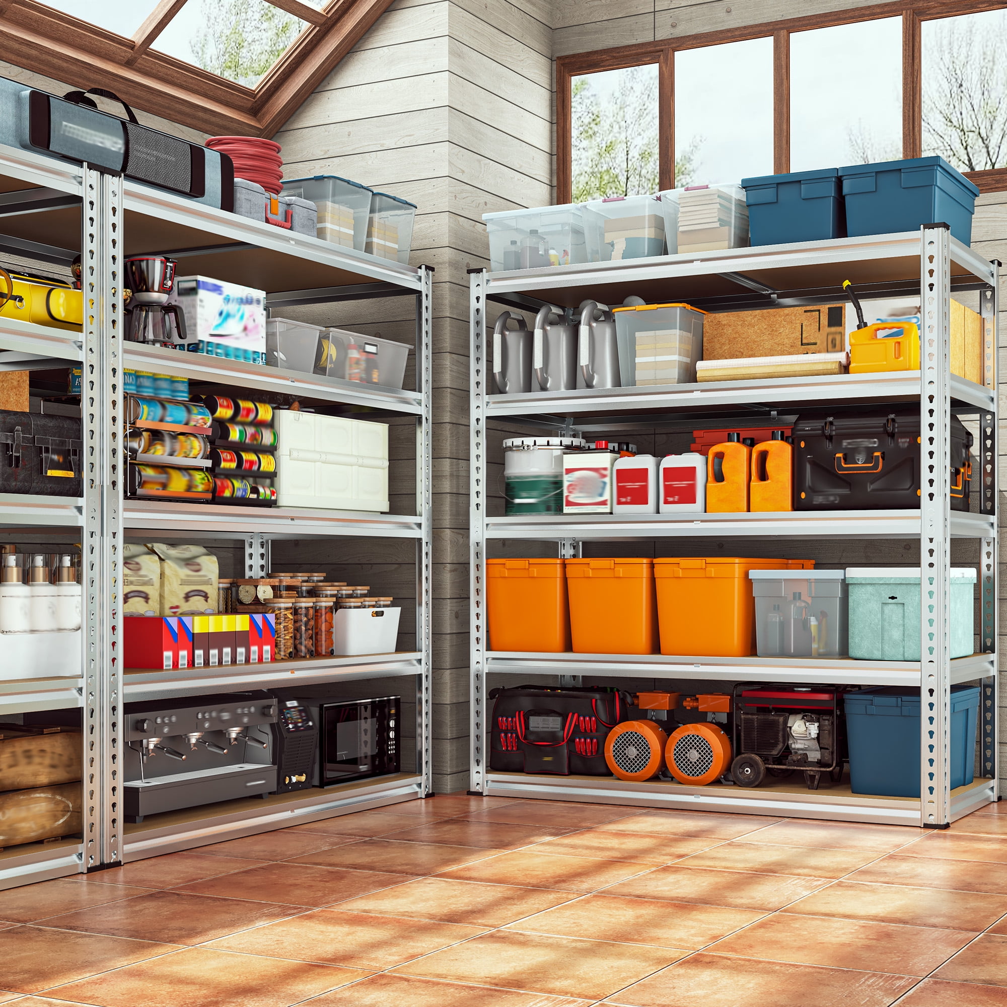 REIBII 3000LBS Garage Shelving Unit Heavy Duty Storage Shelves 5-Tier Metal Shelves，72"H x 40"W x 20"D，Galvanized