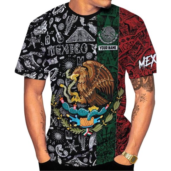 Mostprints Custom Mexico Shirts Personalized Name Mexican 3D Flag Shirt for Men Women Aztec Unisex US Eagle Pride Camisas (S)