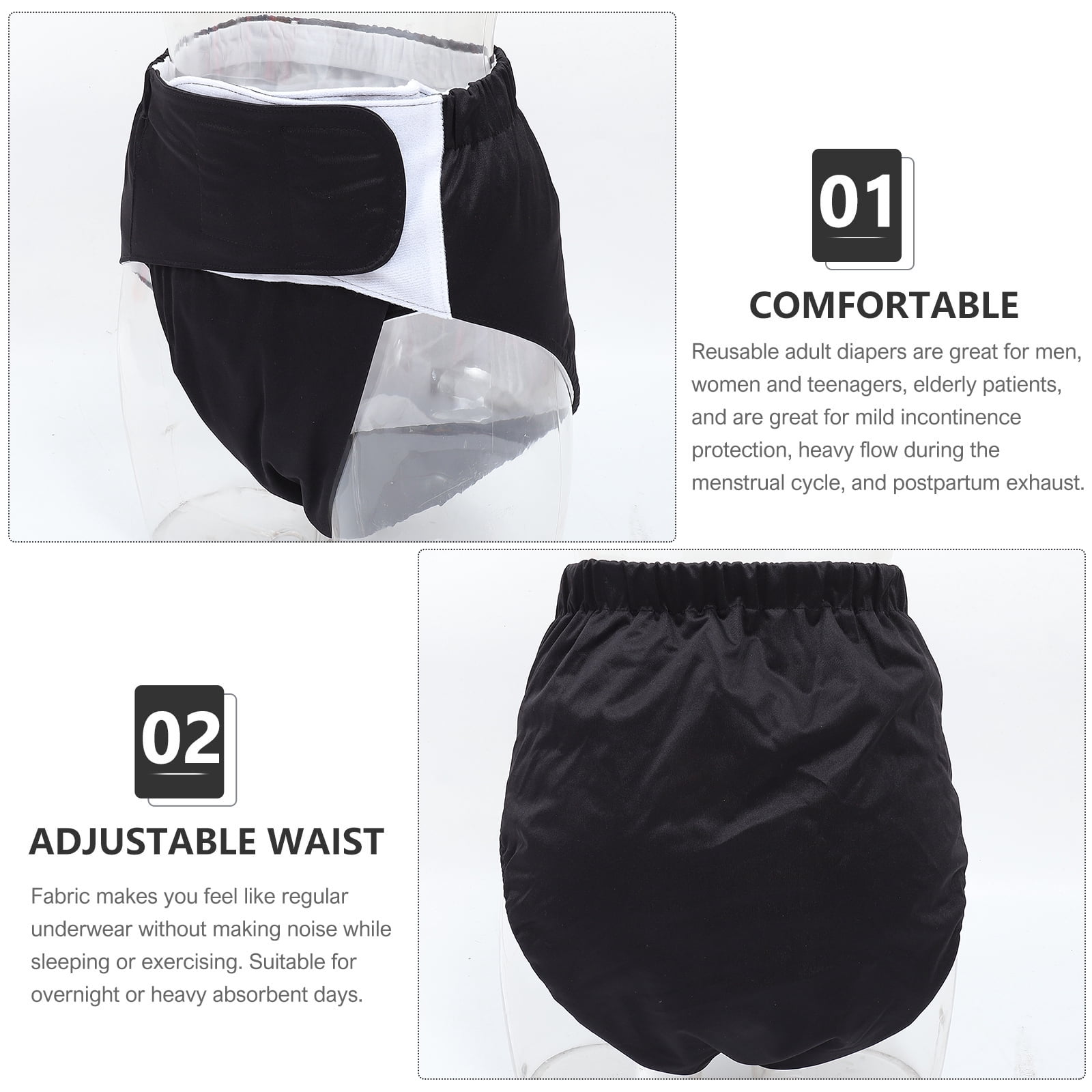 ETHZZLE Adult Postoperative Cloth Diaper Black Washable Leakproof Diaper with Sticky Strap