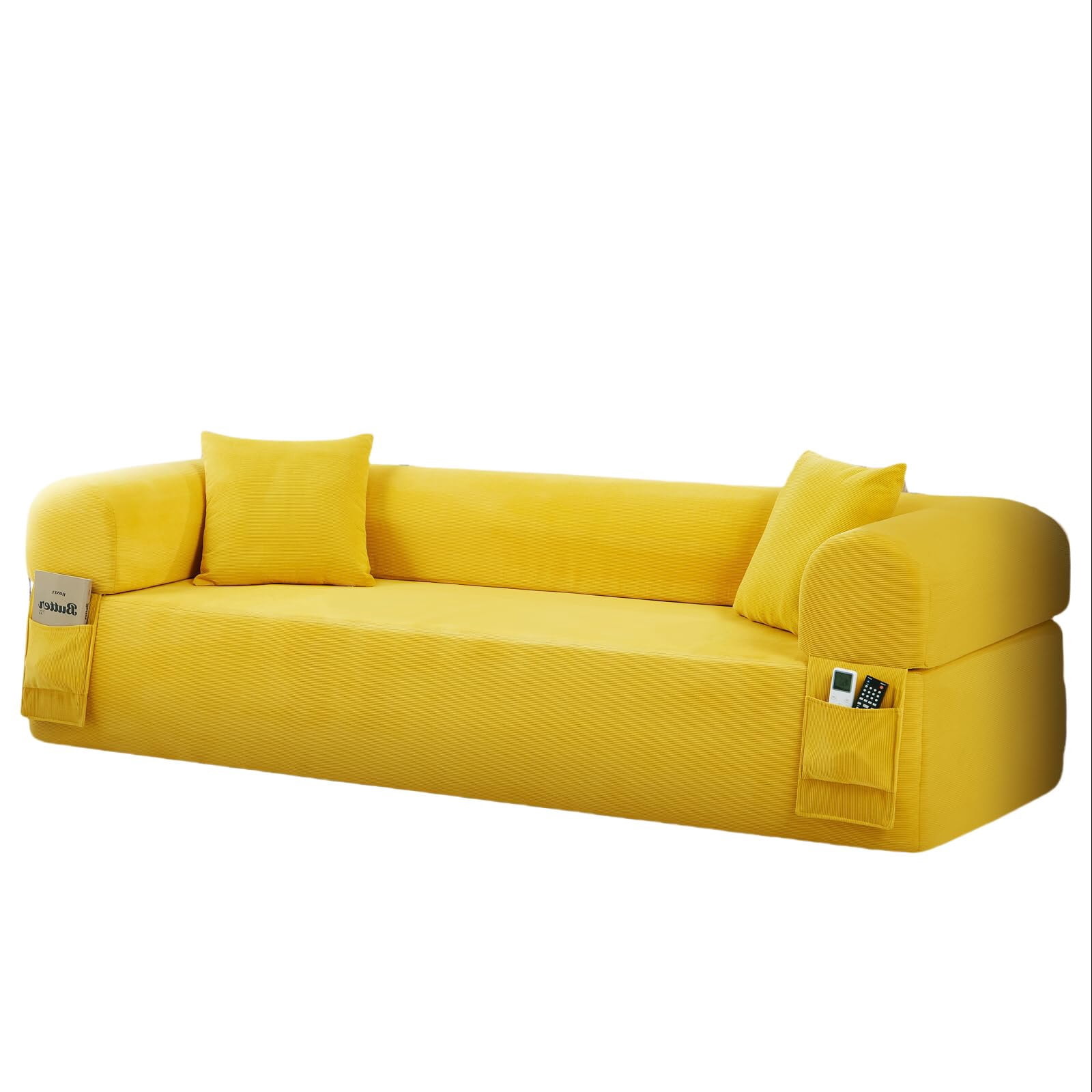 3-Seater Sofa, 83" No Assembly Deep Loveseat Couch in A Box, Spring & High-Elastic Sponge Filling Sofas with 2 Cushions & Side Storage Pockets for Living Room Apartment, Yellow