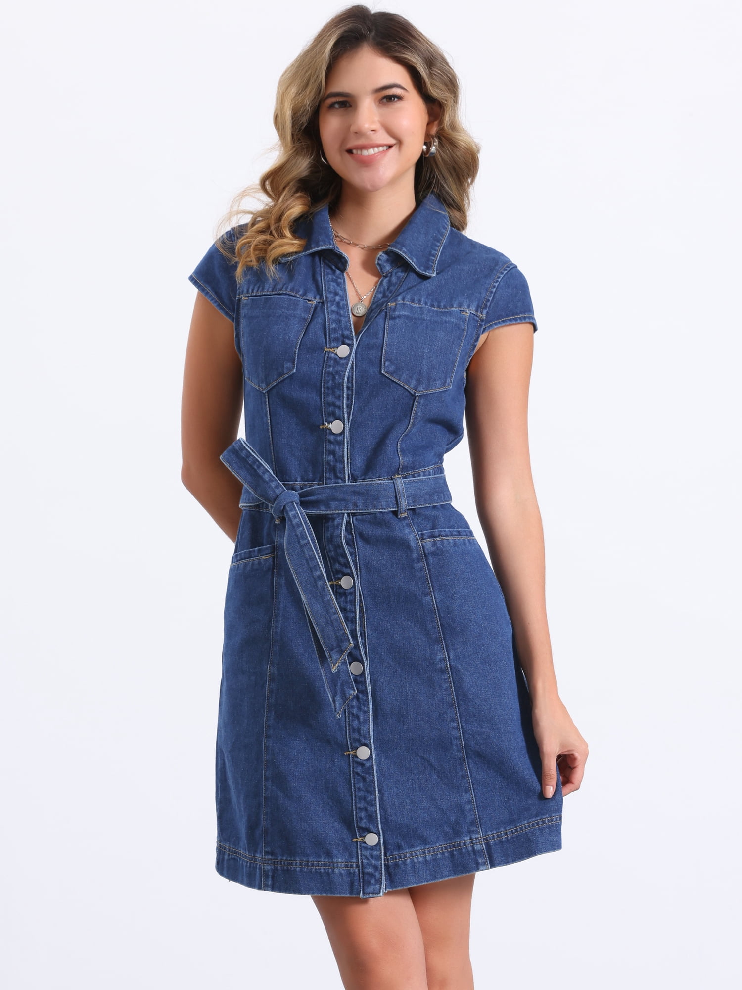DARING DIVA Women's Cap Sleeve Belted Button Down V Neck Jean Shirt Dress S Dark Blue