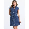 thumbnail image 2 of DARING DIVA Denim  Cap Sleeve Belted Button Down V Neck Dress XS Dark Blue, 2 of 6