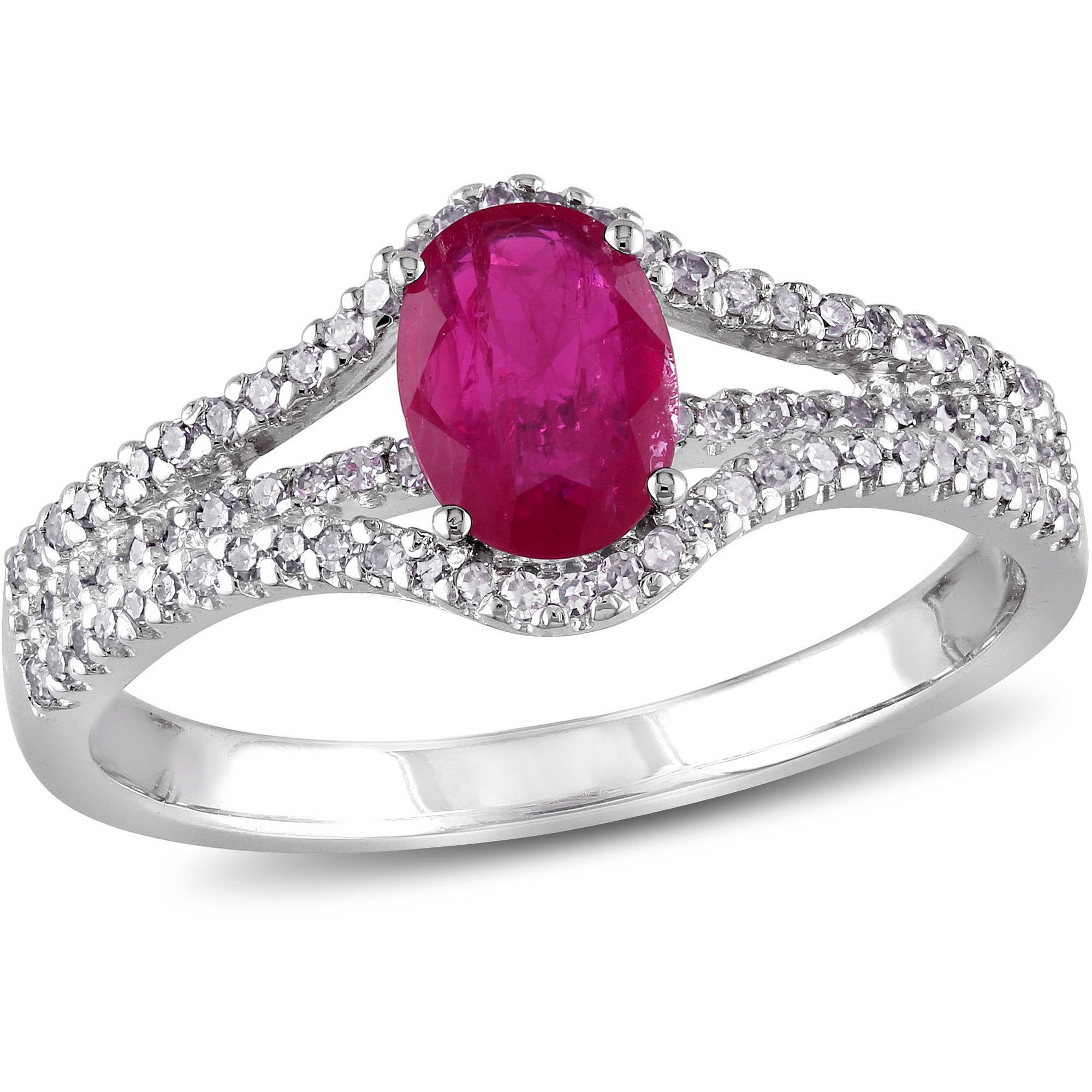 1 Carat T.G.W. Ruby and 1 4 Carat T.W. Diamond 10kt White Gold Three-Row Engagement Ring by Generic