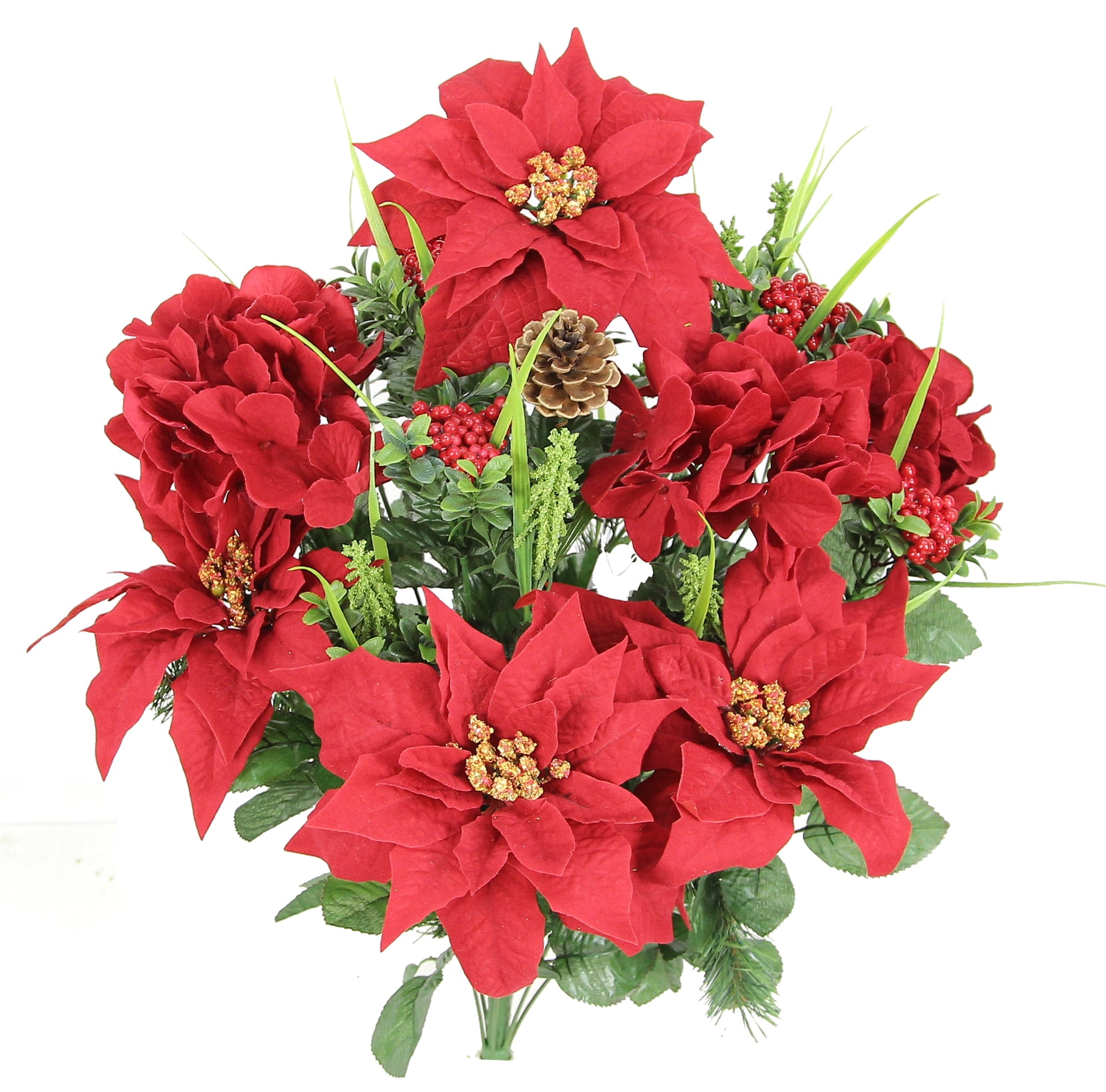 24 Stems Poinsettias Hydrangea Christmas Themed Mixed Flower Bush, Red