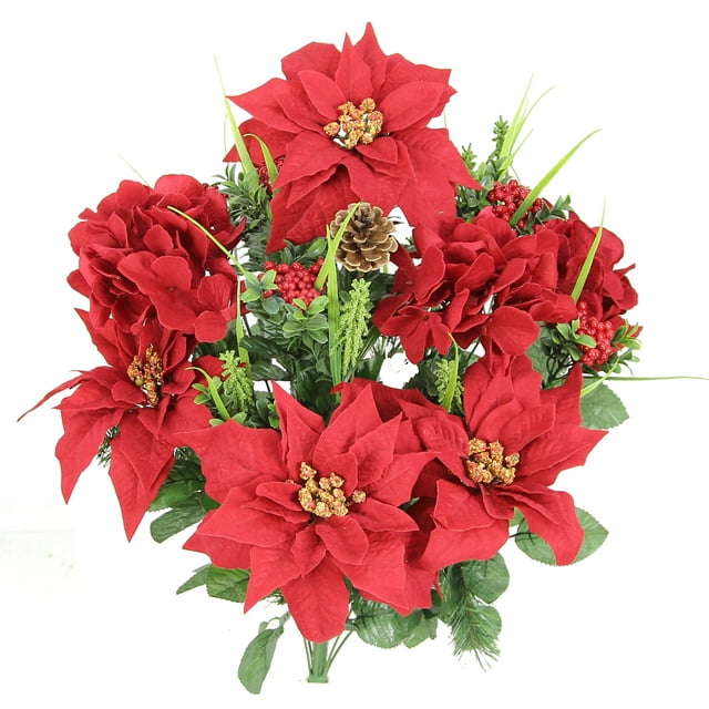 24 Stems Poinsettias Hydrangea Christmas Themed Mixed Flower Bush, Red