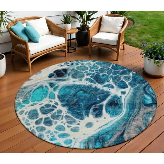 HomeRoots 581511 8 ft. Round Nautical Washable Indoor & Outdoor Area Rug, Teal Blue & Navy Blue