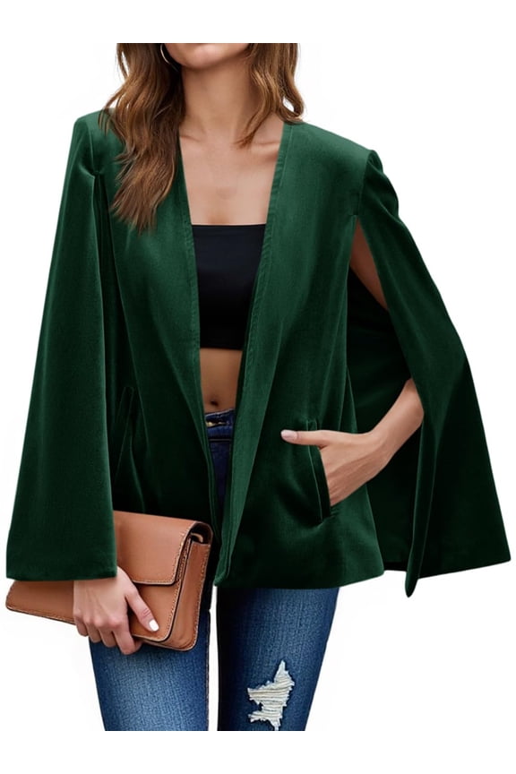 Women's Velvet Cape Blazer Jackets Casual Split Long Sleeve Open Front Coat