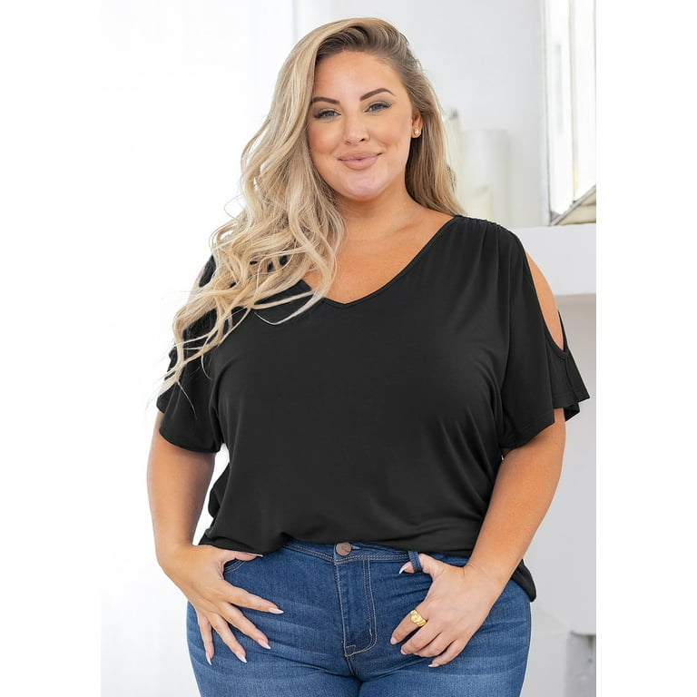 1X 2X 3X Plus Size Women V Neck Lace 3/4 Sleeve Round Hem Soft