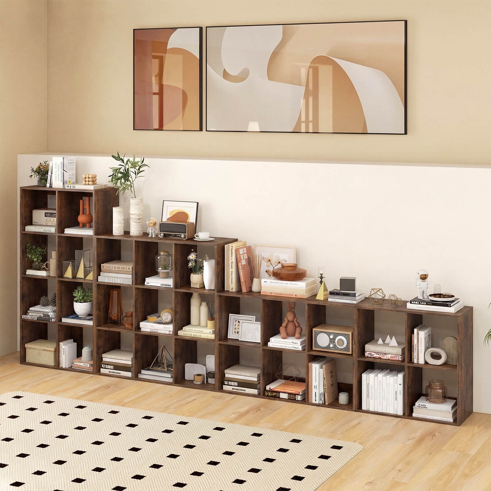 Costway 4-Cube Bookshelf, Modern Cubby Bookcase with Back Guardrail & Anti-tipping Kits Brown