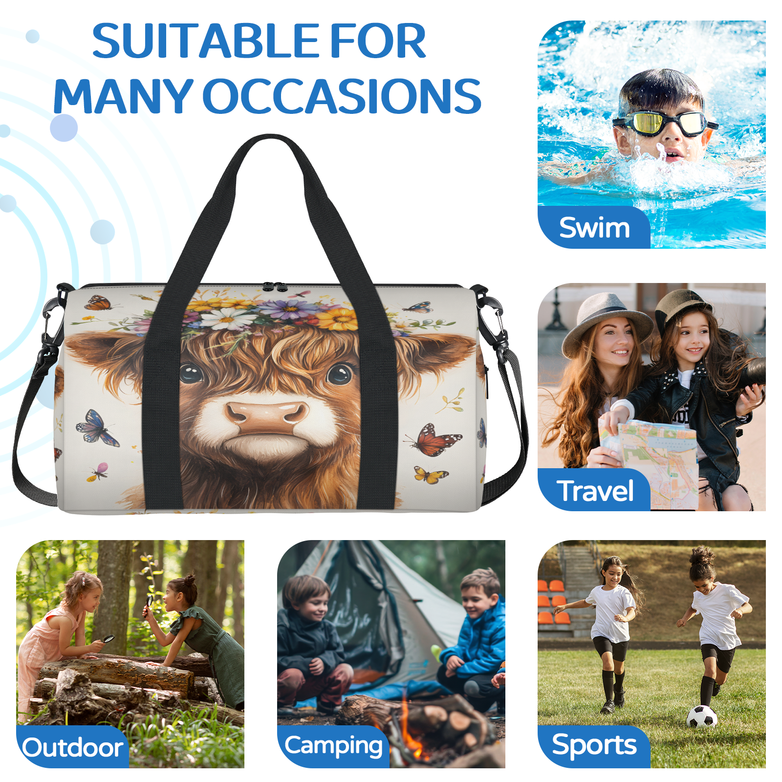 Herdesigns Highland Cow Travel Duffle Bag Sports Yoga Weekender Overnight Carry on Workout Bags Lightweight Waterproof Gym Tote Bag for Women Funny