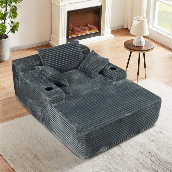 FFH 65"L Chaise Lounge Chair Indoor, Plush Cloud Couch Boneless Sleeper Sofa with Cup Holders and Side Pockets, Gray