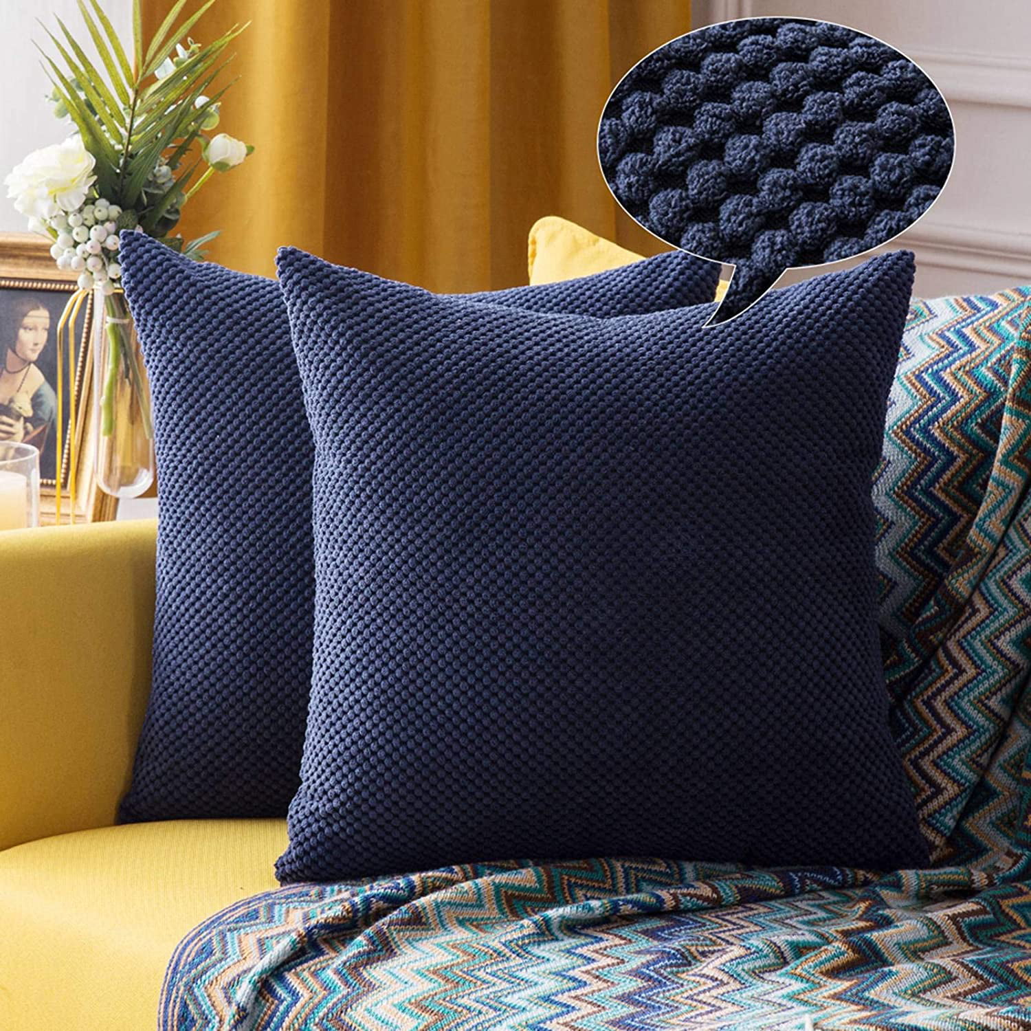 2Pcs Navy Blue Cushion Covers Pillow Shell Case Solid Dyed Soft Chenille 45x45cm 