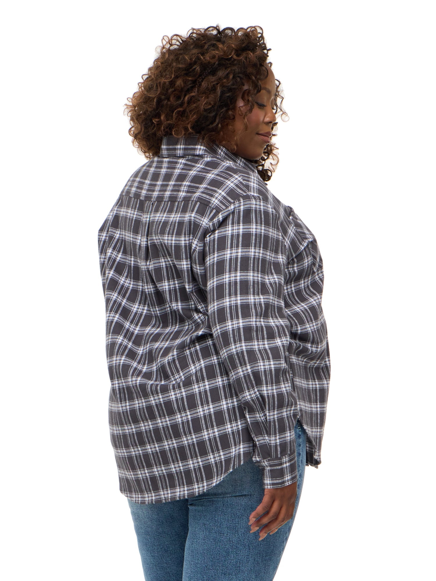 Forever 21 Women's Oversized Plaid Brushed Flannel Shirt with Patch Pockets, Long Sleeve 100% Cotton, Grey Plaid, XXS-4X