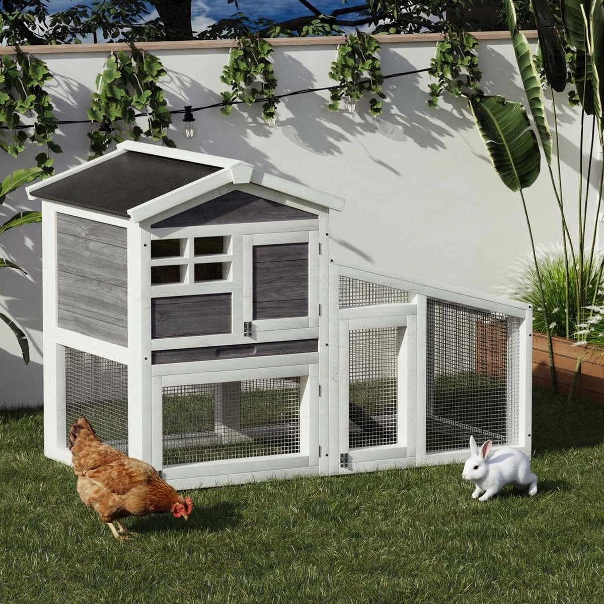 Ataucjin 2-Tier Wooden Rabbit Hutch Cage,Indoor Outdoor Pet House with Anti-Chew Metal Ramp, Removable Leak-Proof Tray, Ventilated Wire Netting, Spacious Catwalk for Small Animals