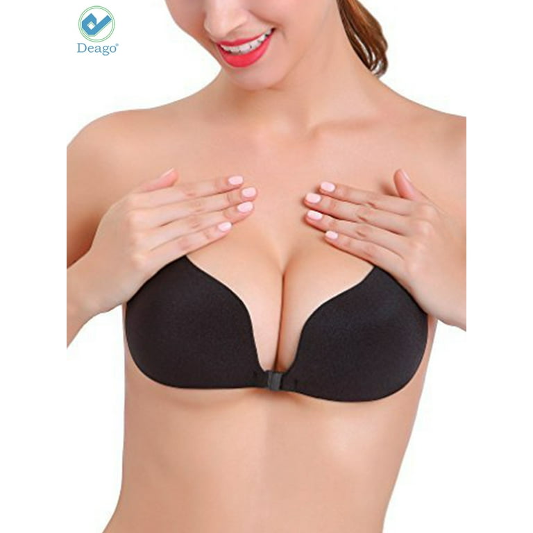 Deago Women's Backless Strapless Push Up Bra Silicone Self Adhesive  Invisible Bras (Cup A/B, Black+Skin)
