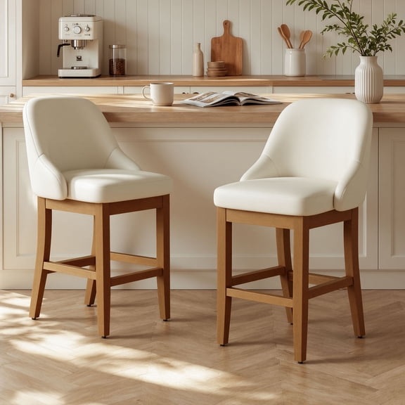 Set of 2 Upholstered Counter Height Bar Stools in Sleek Faux Leather with Solid Rubberwood Legs for Kitchen Island