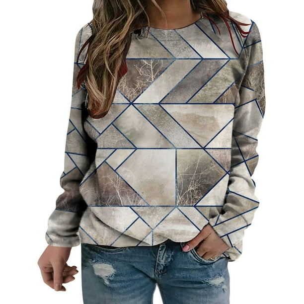 Camisas informales de manga larga para mujer, sudadera de cuello redondo con estampado de rombos geométricos, jersey de cuello redondo, Tops tipo túnica holgados Pompotops FGAJ955