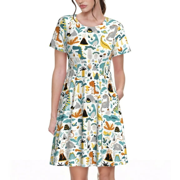 Vsdgher Cartoon Dinosaur for Womens Summer 2025 Casual Midi Maxi Dresses Lightweight Short Sleeve Round Neck Beach Dress -3X-Large
