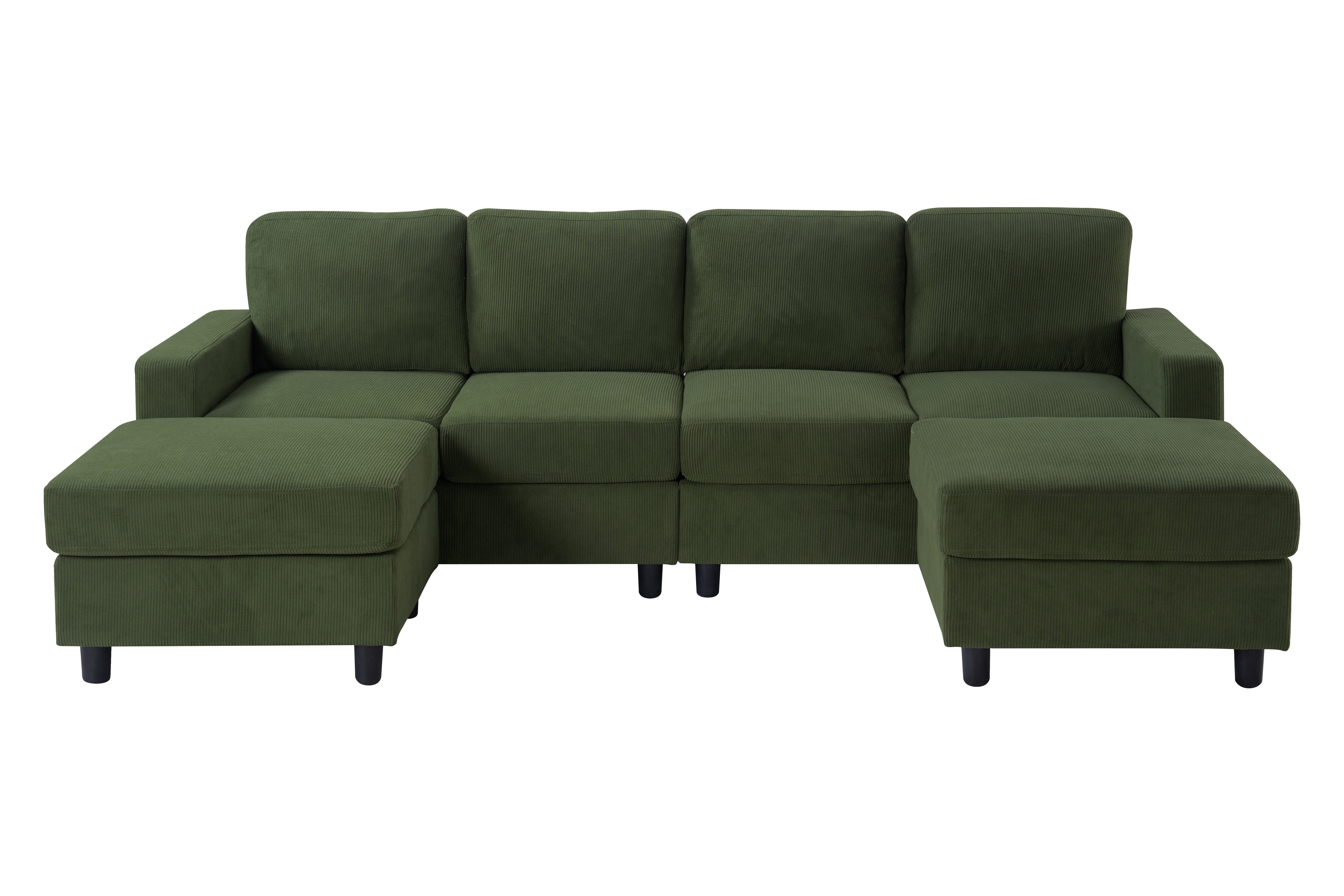 98.8 Inch Oversized U-Shaped Sectional Couch, Corduroy Upholstered 4-Seat Double Chaise Sofa with Thick Padding and Solid Plastic Legs for Living Room Family Room, Green