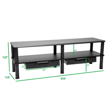 Mind Reader - Dual Monitor Stand, Storage Shelf, Desktop Organizer, Riser, Office, 38.5"L x 11"W x 10.5-12.5"H - Black