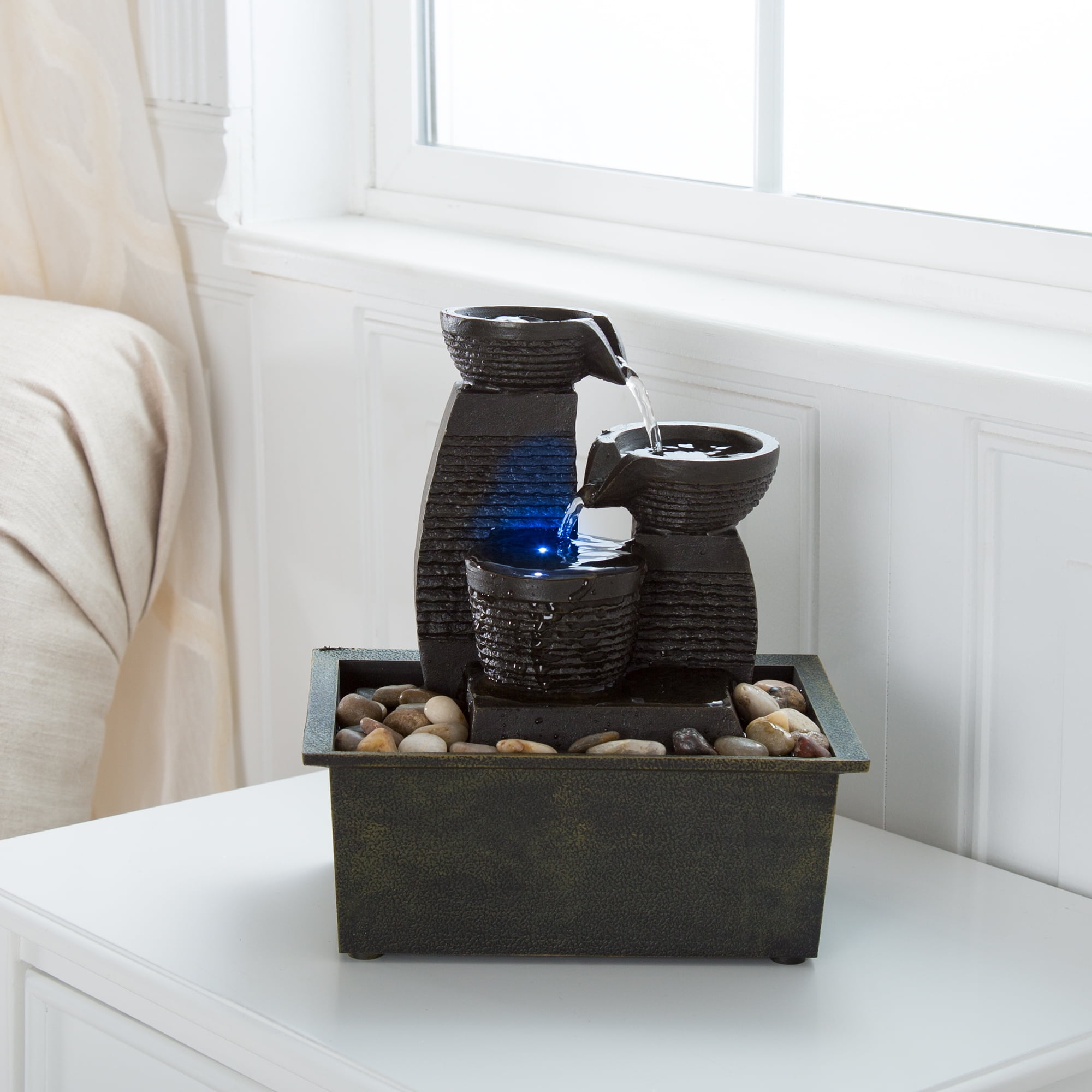 Pure Garden Indoor Jug Tiered Tabletop Water Fountain With LED Lights