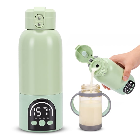 Portable Milk Warmer for Travel – Adjustable Temperature for Breast Milk & Water,Baby Bottle Warmer with Night Light, 17 Ounces,Green