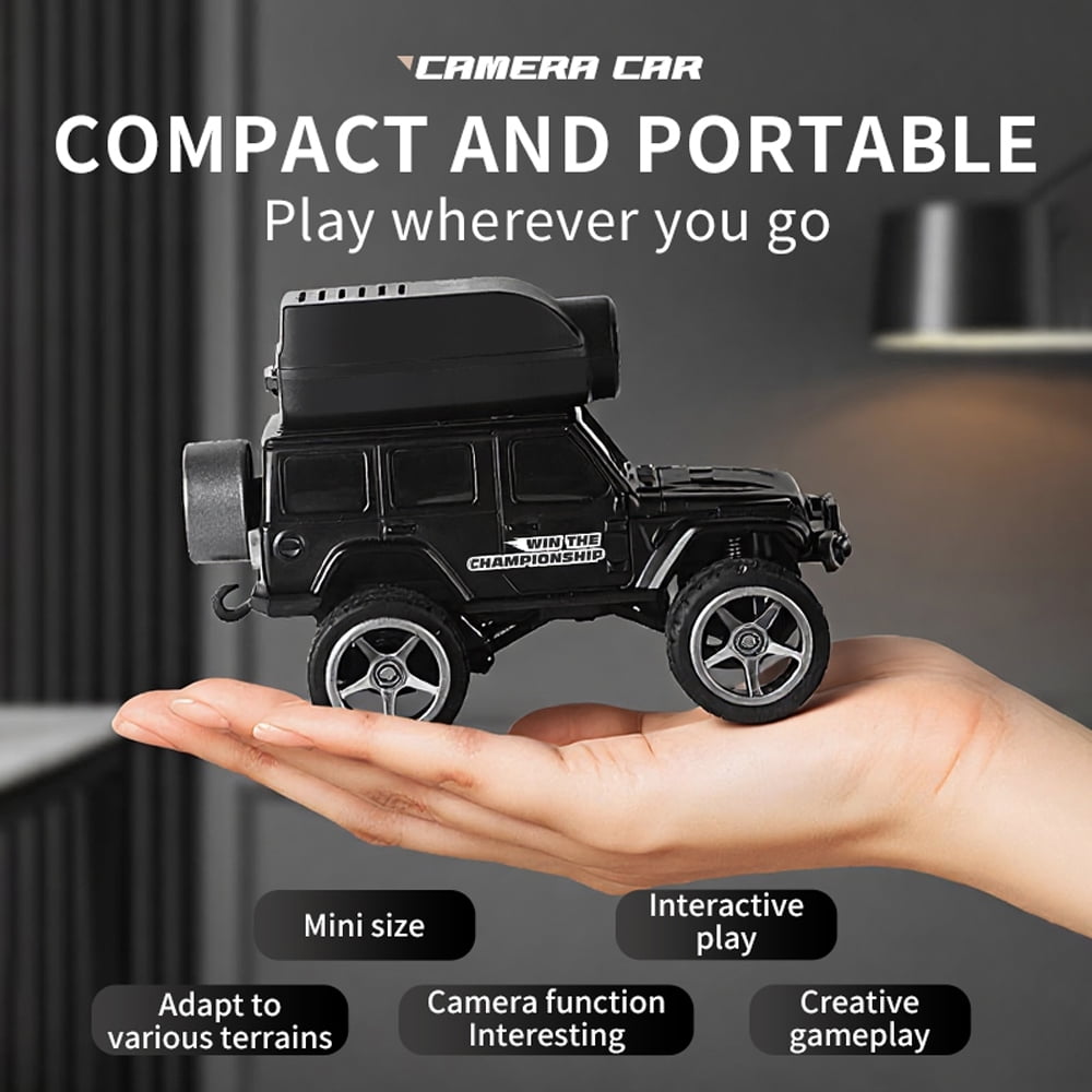 1:64 Scale Alloy RC Car with Camera, 2.4G 4WD Off-Road Crawler with FPV Phone App Control, Desktop Remote Control Car for Adults, Mini Video Exploration Vehicle - KF32 Black