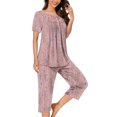thumbnail image 2 of BiZtdJrK Womens Pajamas Set, Pleated Short Sleeve Shirts and Capri Pants Lounge Set Ladies Casual Button Nightwear Tops Cropped Trousers Sleepwear Suits Pink L, 2 of 6