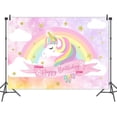 thumbnail image 3 of Fondo de cumpleaños de unicornio, fondo de fotografía de unicornio con nube de arcoíris rosa, fondo de fiesta de cumpleaños con temática de unicornio de algodón, 3 of 3