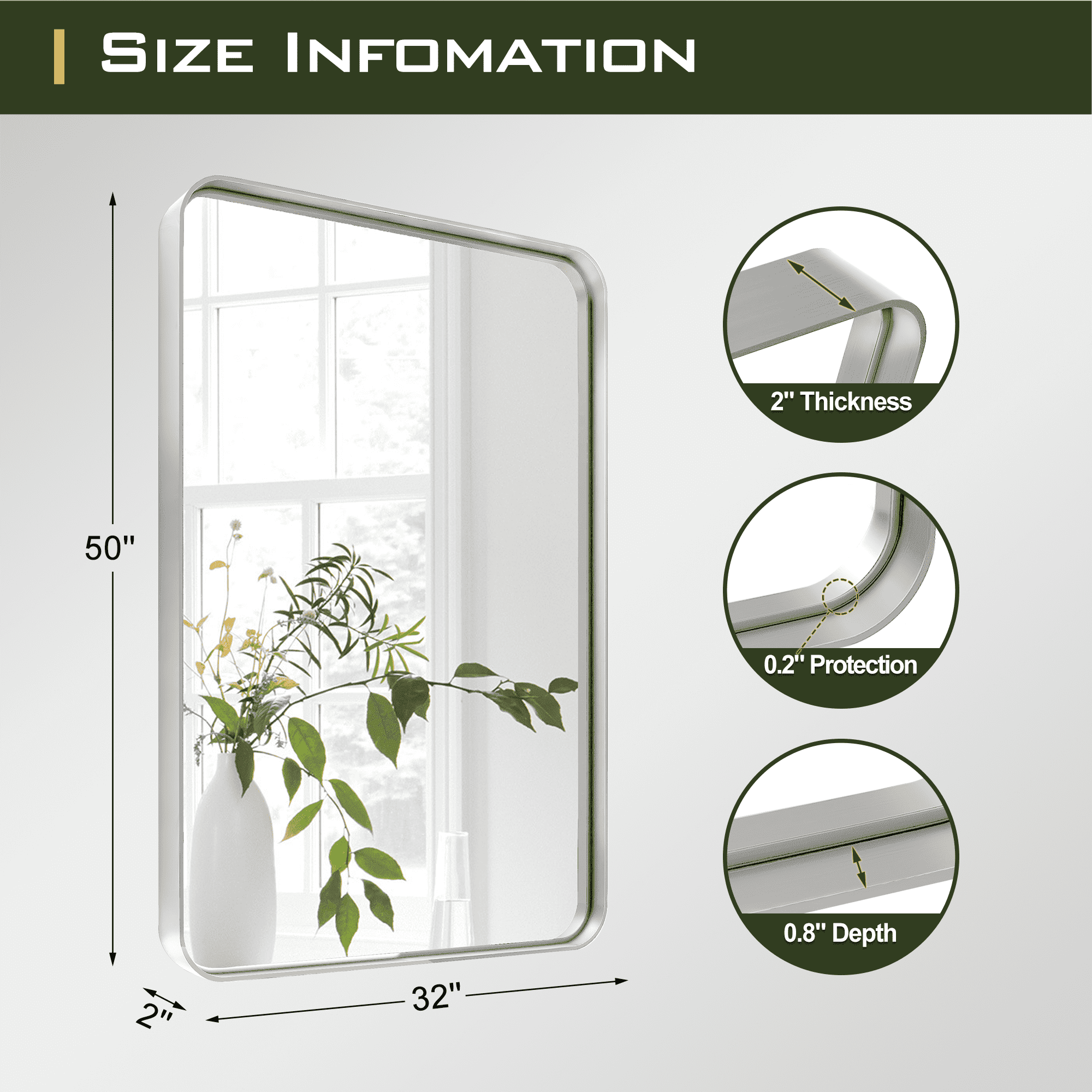MAYEERTY 32"x22" Aluminum Alloy Rounded Corners Rectangular Imitation Electroplated Hanging Glass Silver