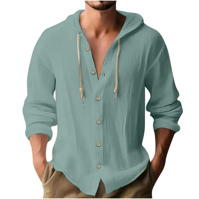 Yuyuzo Cotton Linen Hoodie for Men Button down Drawstring Hooded Soft Long Sleeve Blouse Tops